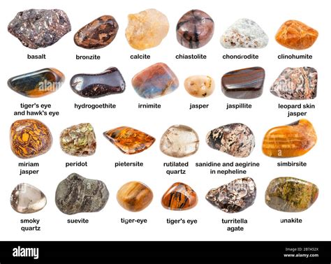 Set Of Various Brown Gemstones With Names Bronzite Pietersite