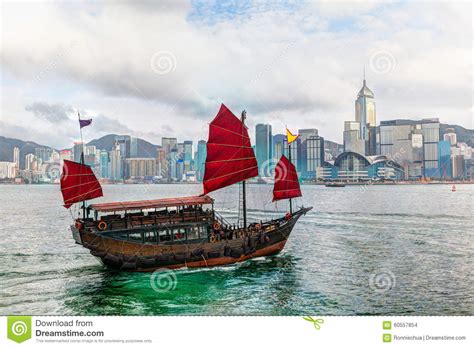 Hong Kong Landscape Chinese Sailboat On Victoria Harbor