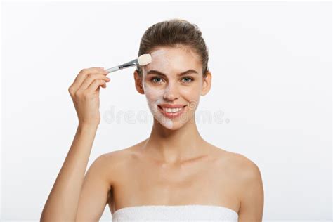 Portrait Beautiful Naked Woman Apply Cosmetic White Clay Mask On With