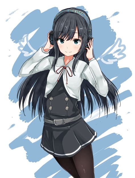 Wallpaper Illustration Long Hair Anime Girls Blue Eyes Cartoon Black Hair Headphones