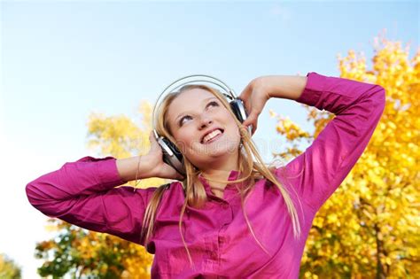 Woman With Headphones At Autumn Outdoors Stock Image Image Of Leisure