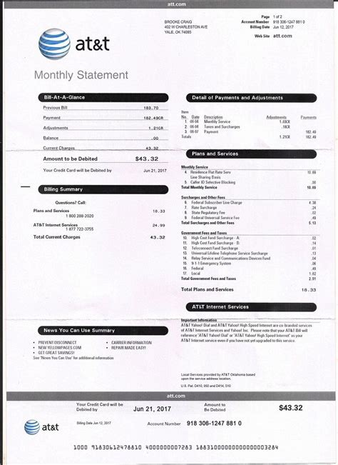 Atandt Phone Bill Utility Statement Gas Electric Water Internet