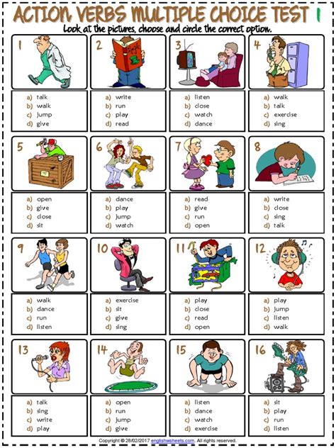 Action Verbs Vocabulary Esl Multiple Choice Tests For Kids Leisure