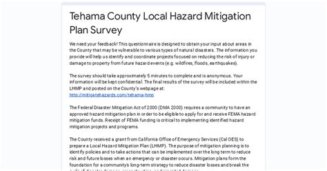Tehama County Local Hazard Mitigation Plan Survey