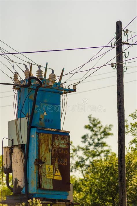 Transformer Tower In The Countryside Blue Electric Transformer Box Of