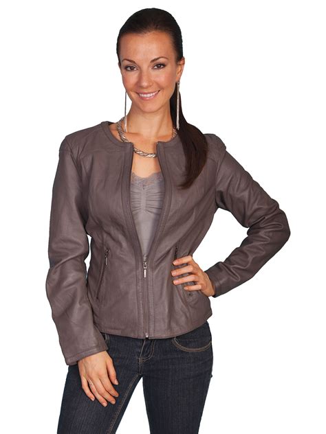 Scully Leather Womens Collarless Front Zip Two Pocket Lamb Jacket Grey