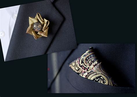 Mens Golden Flower Lapel Pin And Pocket Square Combo Mens Accessories