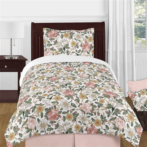 Pink And Green Vintage Floral Rose Twin Bed Comforter Bedding Set By