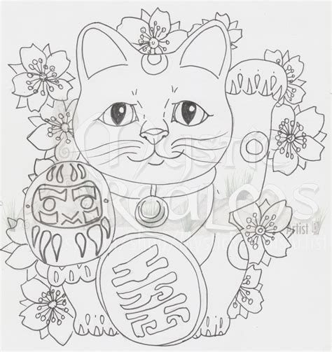 Lucky Cat Maneki Neko Cat Coloring Page Cat Art Tabby Etsy