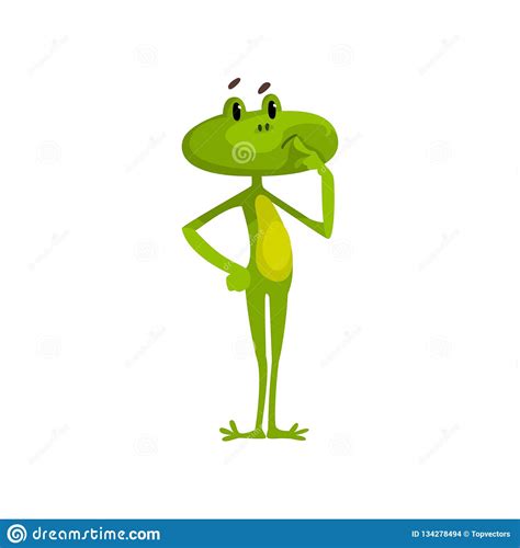 Little Funny Thoughtful Frog, Cute Green Amfibian Animal Cartoon Character Vector Illustration ...