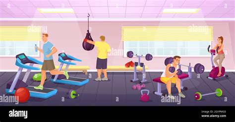 People Exercise In Sport Gym Workout With Fitness Equipment Cartoon