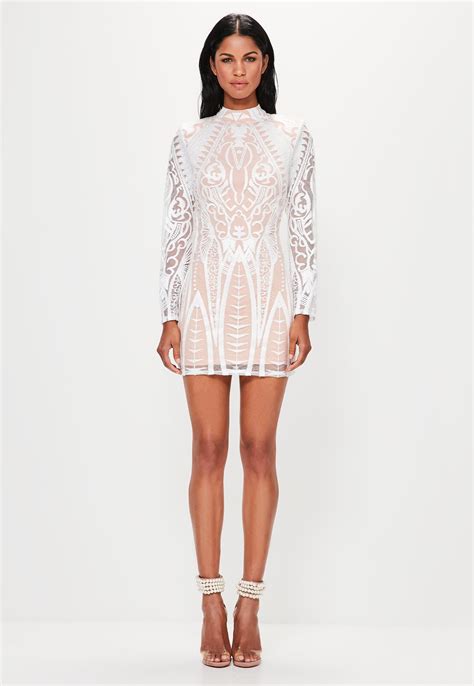 Missguided Peace Love White Placed Lace High Neck Mini Dress High