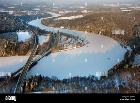 Aerial Photo Biggesee Reservoir In The Snow In Winter Olpe Sauerland