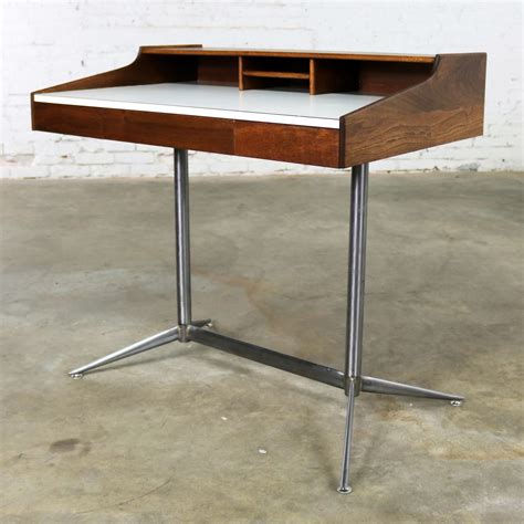 Small Walnut Mid Century Modern Writing Desk In The Style Of George