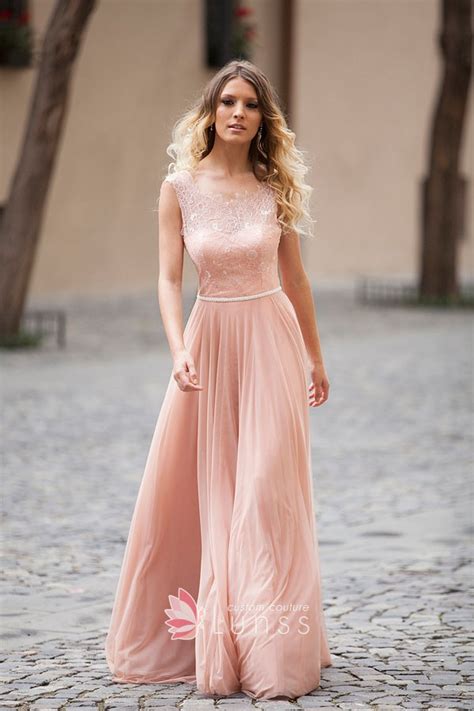 There is something extremely magnetic and this pastel peach maxi dress with a side cut resonates with modern trends while remaining classy at. Blush Lace and Chiffon Illusion Neckline Elegant A-line ...