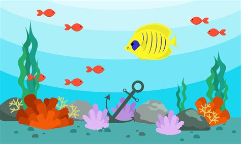Cartoon Underwater Sea Landscape With Fishes And Seaweed Vector