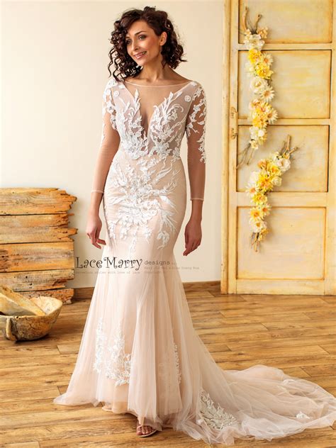 Fitted Deep Plunge Wedding Dress With Handmade Beading Lacemarry