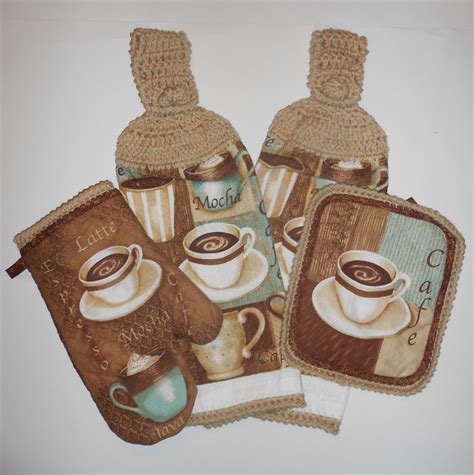 Coffee and latte printed kitchen linen set. Hanging Kitchen Towels, Pot Holder, Oven Mitt, Crochet ...