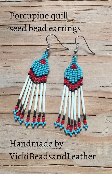 Pretty Porcupine Quill Seed Bead Earrings Turquoise And Red Seed Beads