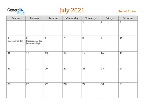 United States July 2021 Calendar With Holidays