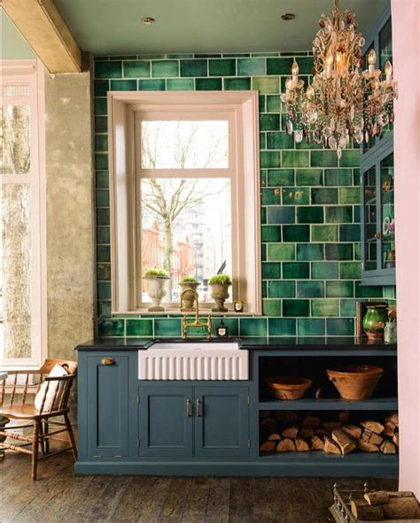 Don't forget to add some antique crockery, silverware and a vase of freshly picked flowers to complete the look! English Country Kitchen With Handmade Green Tiles - DigsDigs