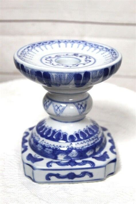 Asian Porcelain Blue And White Candlestick Pillar Holder