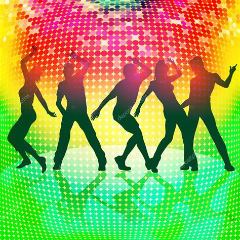 Silhouettes Of Party People On Colorful Disco Background Stock Vector