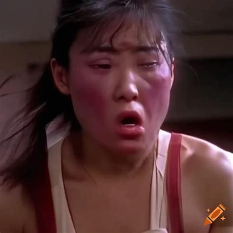 asian woman fighter with dizzy wobbly expression in 80s fight scene on craiyon