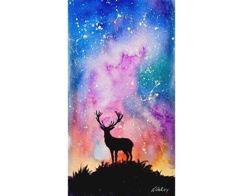 Galaxy Small Watercolor Starry Sky Original Art Deer Painting Animal