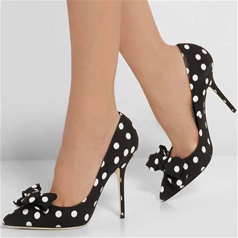 elegant black high heels shoes woman ladies pointed toe bow polka dot stiletto dress pumps slip