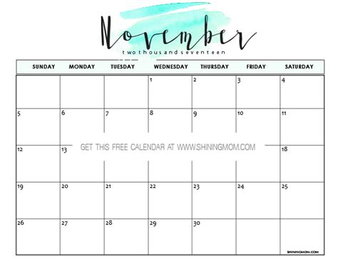 Free Printable November 2017 Calendar 12 Beautiful Designs