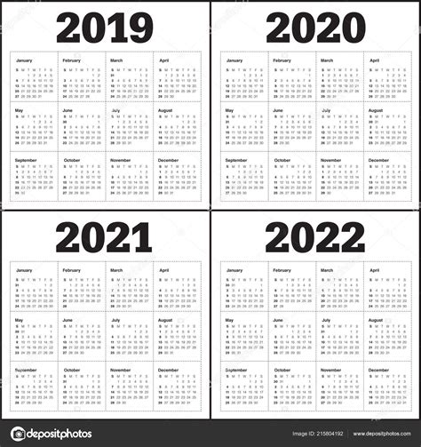 Simple Calendar For 2019 2020 2021 2022 2023 And 2024 Years Stock