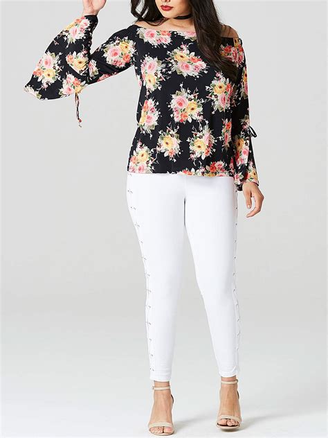 Capsule Capsule Black Floral Print Flared Sleeve Bardot Top Plus