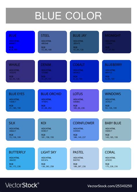 Blue Color Codes And Names Selection Colors Vector Image