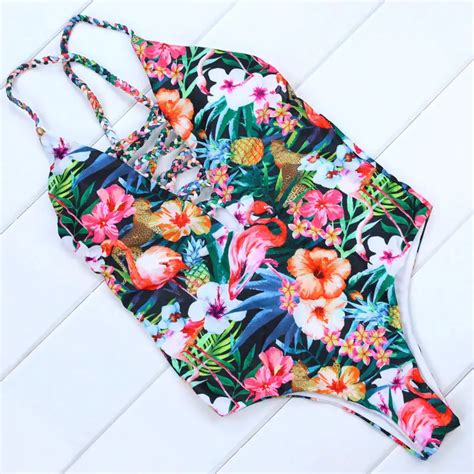 Free Shipping Mandm New 2018 Bandage Swimwear Women Sexy One Piece Swimsuit Floral Print Monokini