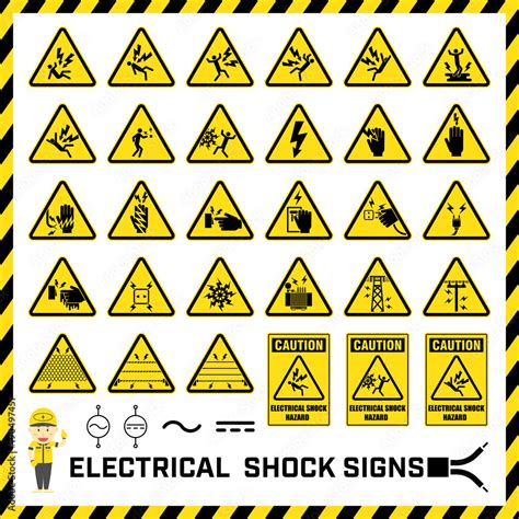 Set Of Safety Caution Signs And Symbols Of Electrical Shock Hazards