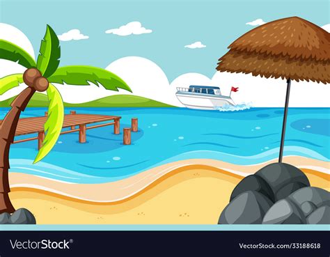Tropical Beach And Sand Beach Scene Cartoon Style Vector Image