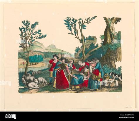 Engraving Horizontal Circle Of Picnickers In A Mountain Setting