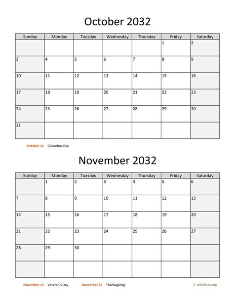 October And November 2032 Calendar