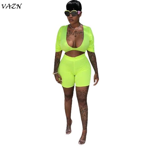 Vazn 2018 New Arrive Solid Deep V Neck Playsuits Women Half Sleeve Bodycon 2 Pieces Playsuits