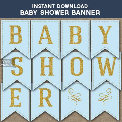 Printable Baby Shower Banner Blue Gold Glitter