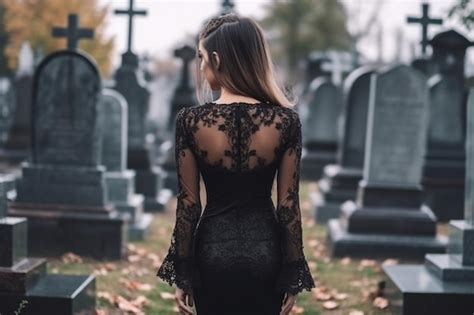 Premium Ai Image Back Of Woman Wear All In Black On Cemetery Grieving Widow Generative Ai