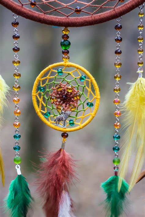 Dreamcatcher Made Of Feathers Leather Beads And Ropes Stock Photo