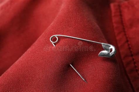 Closeup View Of Metal Safety Pin On Clothing Stock Photo Image Of