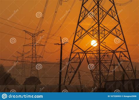Electricity Power Pylons During Sunset Stock Image Image Of Beauty