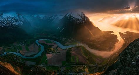 Sunset Norway Field Road Mountains Clouds Sun Rays Town Snowy