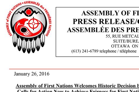 Assembly Of First Nations Welcomes Historic Decision By Human Rights Tribunal Calls For Action
