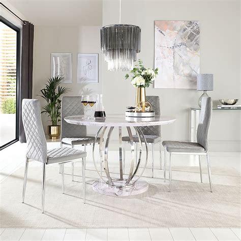 Savoy Round Grey Marble And Chrome Dining Table With 4 Renzo Grey