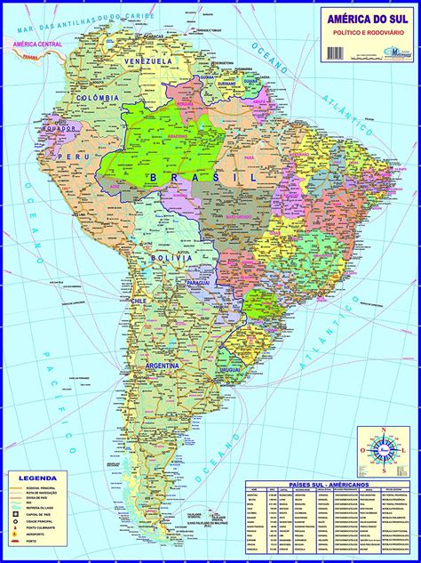 A américa do sul tem seus limites a leste com o oceano atlântico, a oeste com o oceano pacífico, e ao norte com o mar do caribe. MAPA DA AMÉRICA DO SUL - POLÍTICO | Amazon.com.br