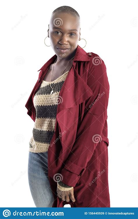 Black Female Model Wearing Red Jacket For Spring Or Fall Fashion Stock